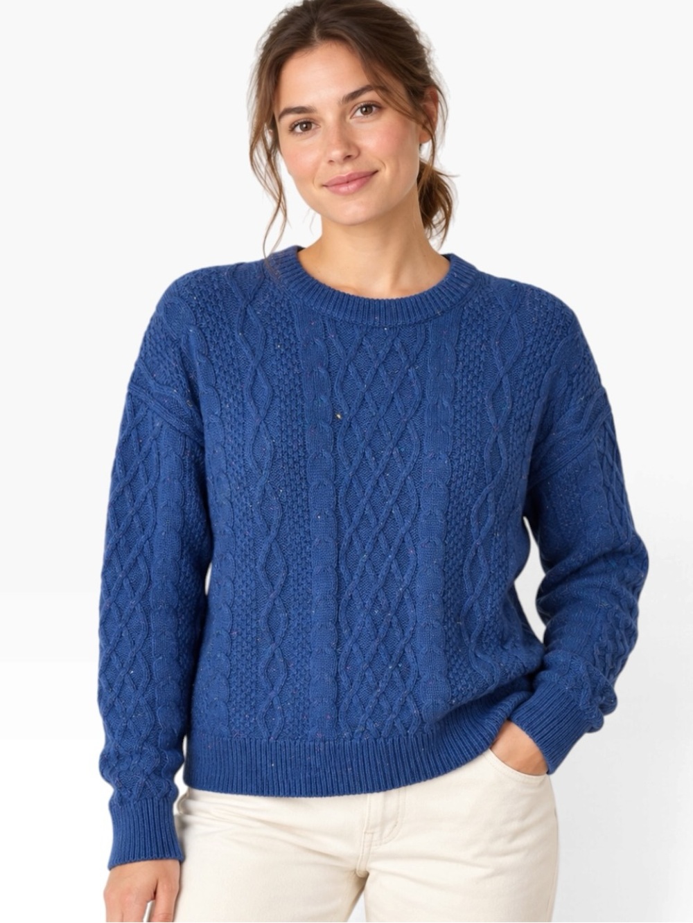 J. Crew Blue Cable Knit Crewneck Sweater Womens Size L Long Sleeve Cotton Blend
